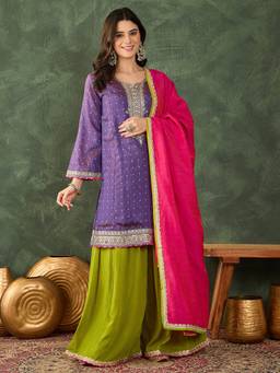 THE52 - Lavender Women's Embroidery Silk Kurta with Sharara and Dupatta