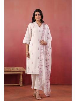 SAVI - White Cotton Embroidered Kurta with Pant and Dupatta