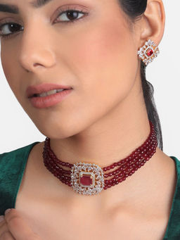 Estele - Gold Plated CZ Ruby and Red Beads Choker Square Necklace for Women (Set of 2)