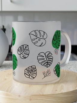 Indigifts - Frosted Coffee Mug For Gift Leaves Grean And Line Art Coffee Mug, Printed Glass Cup