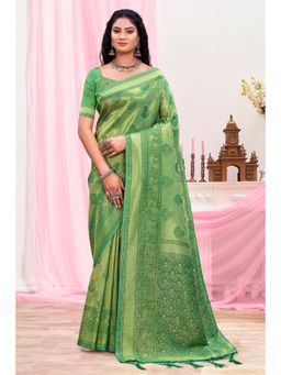 Sangam Prints - Green Silk Woven Zari Work Traditional Tassel Saree with Unstitched Blouse
