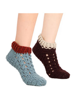 Bharatasya - Pack of 2 Handmade Crocheted Designer Woolen Thermal Footie Home Socks