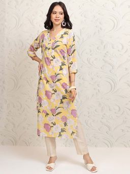 VISHUDH - Women Yellow Floral Printed Three Fourth Sleeves Kurta
