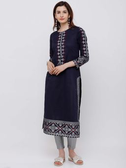VISHUDH - Women Navy Blue Yoke Design Straight Kurta