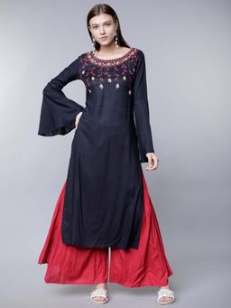 VISHUDH - Women Navy Blue Embroidered Straight Kurta