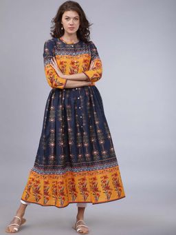 VISHUDH - Women Navy Blue and Yellow Floral Printed A-Line Kurta
