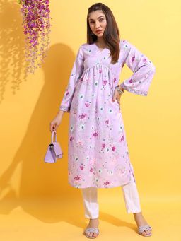 VISHUDH - Women Lavender Floral Printed A-Line Kurta