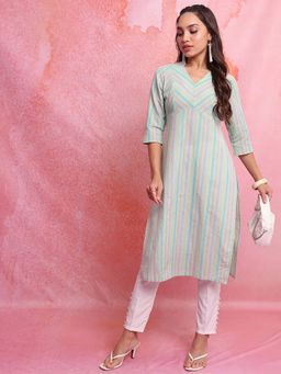 VISHUDH - Women Green Striped V-Neck Three-Quarter Sleeves Kurta