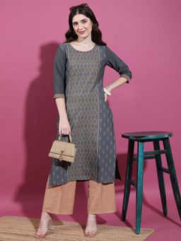 VISHUDH - Women Grey Geometric Printed Round Neck Kurta
