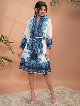 VISHUDH - White Floral Printed Mandarin Neck Dress with Belt (Set of 2)