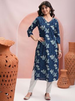 VISHUDH - Women Navy Blue Floral Print V Neck Kurta