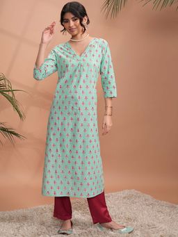 VISHUDH - Women Pure Cotton Block Print V Neck Kurta