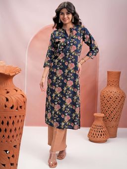 VISHUDH - Women Pure Cotton Navy Blue Floral Print Mandarin Neck Kurta
