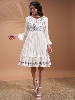 VISHUDH - Women White Floral Embroidered Dress