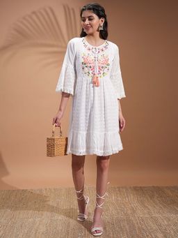 VISHUDH - Women White Floral Embroidered Bell Sleeve Dress