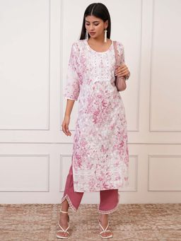 VISHUDH - Women White And Dusty Pink Embroidered Straight Kurta