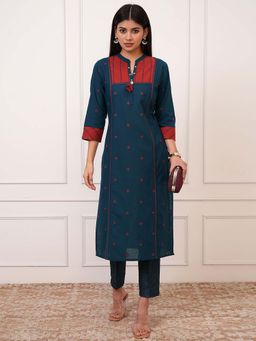 VISHUDH - Women Teal Geometric Printed Mandarin Collar Pure Cotton Straight Kurta