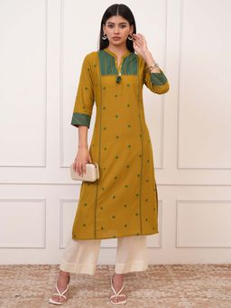 VISHUDH - Women Mustard Geometric Printed Mandarin Collar Pure Cotton Straight Kurta