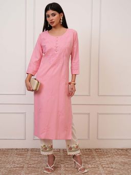 VISHUDH - Women Light Pink Pure Cotton Embroidered Straight Kurta