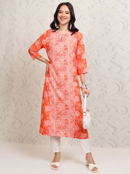VISHUDH - Women Orange Printed Straight Panelled Kurta