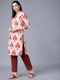 VISHUDH - Women Pink Floral Printed Mandarin Collar Straight Kurta