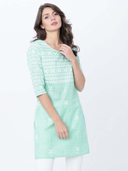 VISHUDH - Women Green And White Printed Kurti