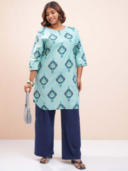VISHUDH - Women Aqua Blue Printed Curved Hem Kurta