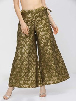 VISHUDH - Women Olive and Gold Floral Woven Palazzo