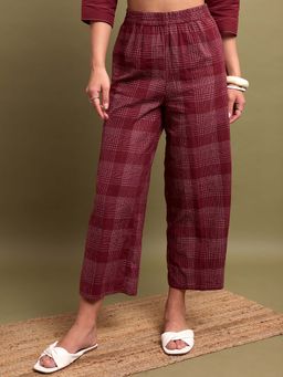 VISHUDH - Women Maroon Checked Straight Pant