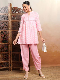 VISHUDH - Women Pink Printed Short Kurti and Harem Pant (Set of 2)