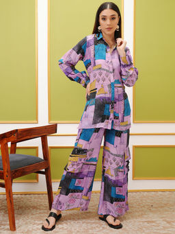 VISHUDH - Women Purple Printed Front Button Co-Ord (Set of 2)