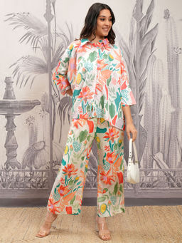 VISHUDH - Women White Floral Printed Front Button Co-Ord (Set of 2)