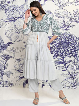 VISHUDH - Women White Embroidered Front Cut Kurta with Pant (Set of 2)