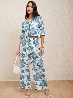 VISHUDH - White Floral Printed Crop Jacket with Co-Ord (Set of 3)