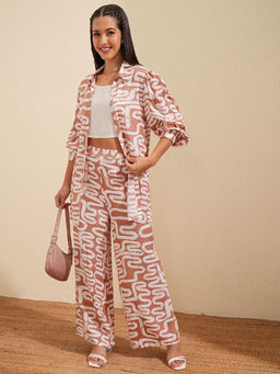 VISHUDH - Brown Printed Crop Top with Co-Ord (Set of 3)