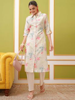 VISHUDH - Women Cream Floral Printed Collared Buttoned Kurta