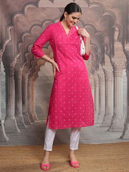VISHUDH - Women Pink Printed V-Neck Kurta