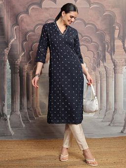 VISHUDH - Women Navy Blue Printed V-Neck Kurta