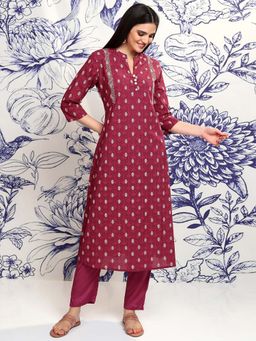 VISHUDH - Women Red Ethnic Print Embroidered A-Line Kurta
