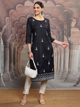 VISHUDH - Women Black Embroidered A Line Kurta