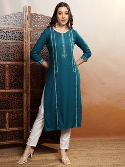 VISHUDH - Women Teal Ethnic Embroidered Kurta