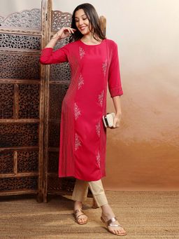 VISHUDH - Women Red Ethnic Embroidered Kurta