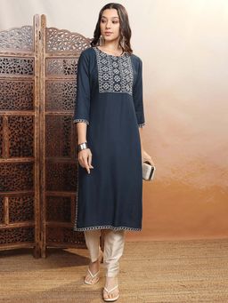 VISHUDH - Women Navy Blue Ethnic Embroidered Kurta