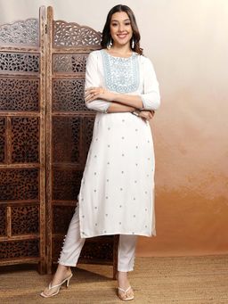 VISHUDH - Women White And Blue Ethnic Embroidered Kurta
