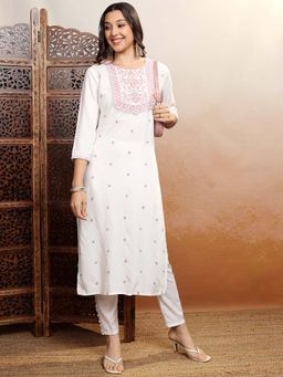 VISHUDH - Women White And Pink Ethnic Embroidered Kurta