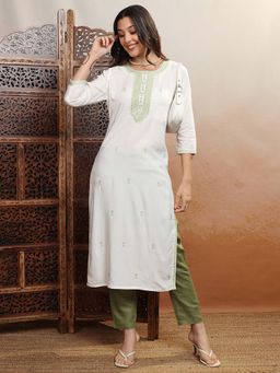 VISHUDH - Women White And Green Ethnic Embroidered Kurta