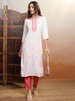 VISHUDH - Women White And Pink Ethnic Embroidered Kurta
