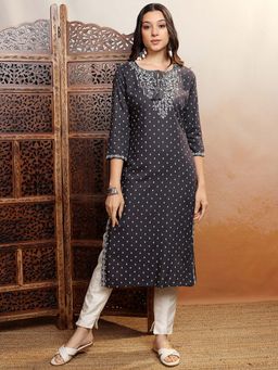 VISHUDH - Women Grey Embroidered Kurta