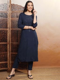 VISHUDH - Women Navy Blue Ethnic Embroidered Kurta