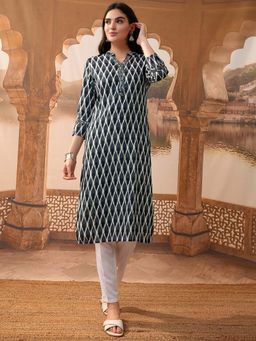 VISHUDH - Women Bluish Grey Geometric Printed Kurta